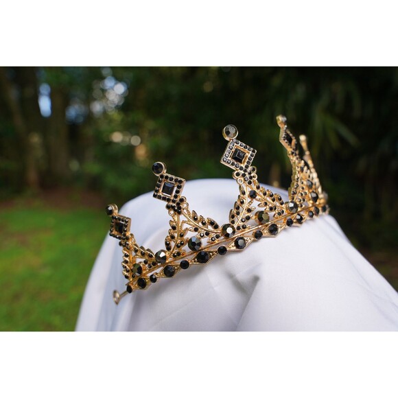Unisex Vintage Black Gem Gold Tiara Bridal Crown Birthday Wedding Gift Diadem - Picture 3 of 7